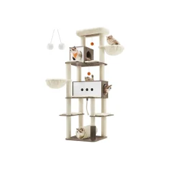 Fashion SONGMICS Arbre à chat 197 cm avec 2 niches 2 paniers 4 griffoir grège chiné