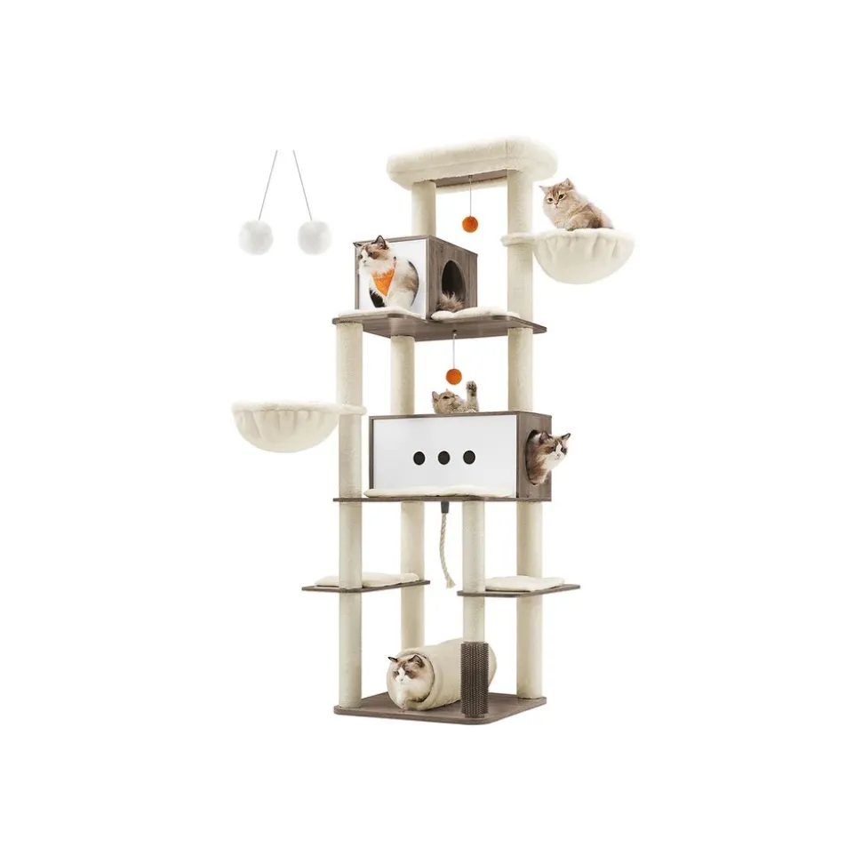 Fashion SONGMICS Arbre à chat 197 cm avec 2 niches 2 paniers 4 griffoir grège chiné