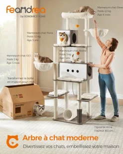 Fashion SONGMICS Arbre à chat 197 cm avec 2 niches 2 paniers 4 griffoir grège chiné