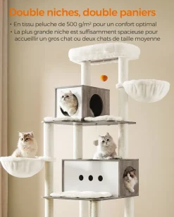 Fashion SONGMICS Arbre à chat 197 cm avec 2 niches 2 paniers 4 griffoir grège chiné