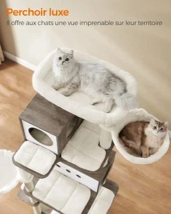 Fashion SONGMICS Arbre à chat 197 cm avec 2 niches 2 paniers 4 griffoir grège chiné