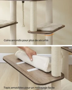 Fashion SONGMICS Arbre à chat 197 cm avec 2 niches 2 paniers 4 griffoir grège chiné