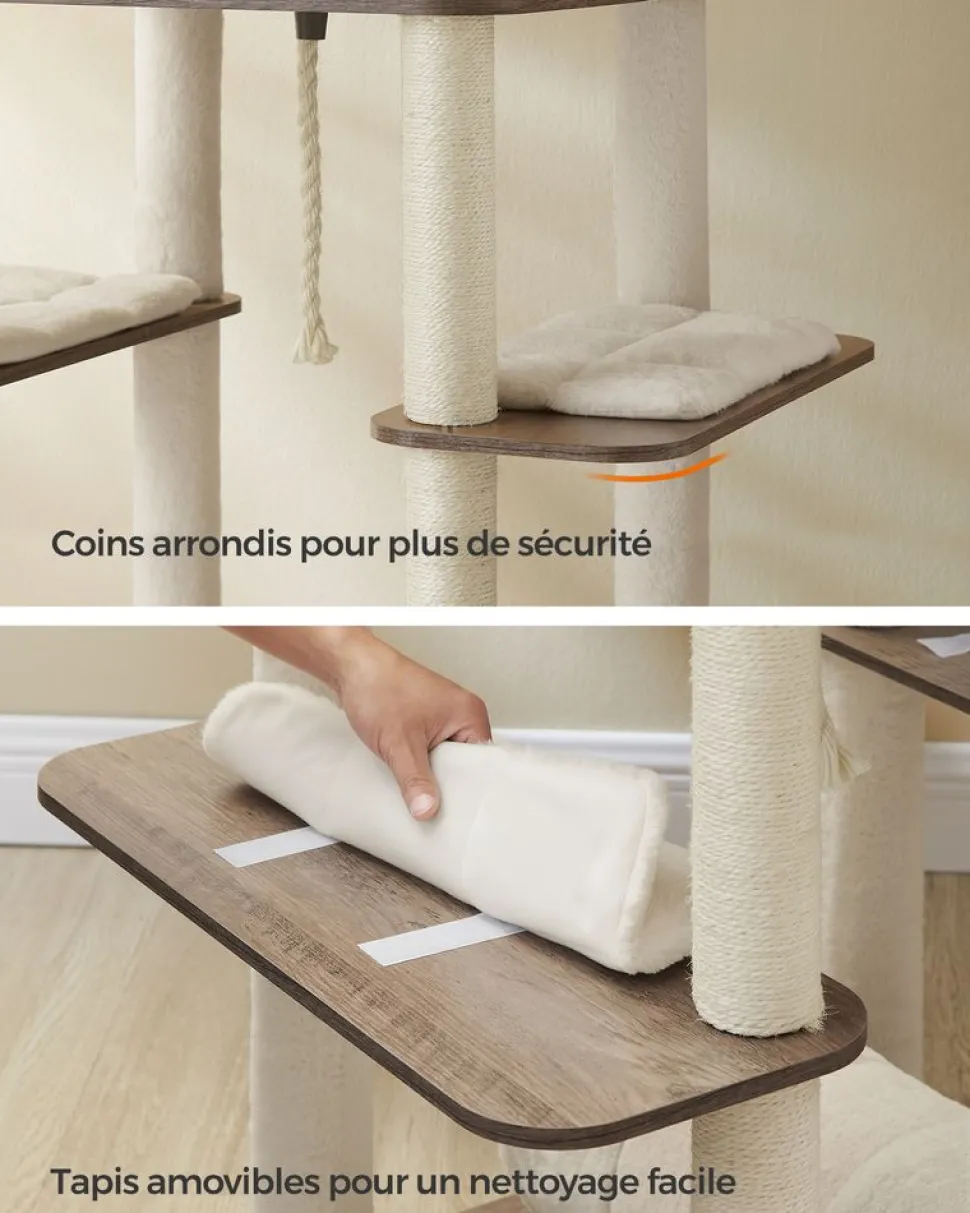 Fashion SONGMICS Arbre à chat 197 cm avec 2 niches 2 paniers 4 griffoir grège chiné