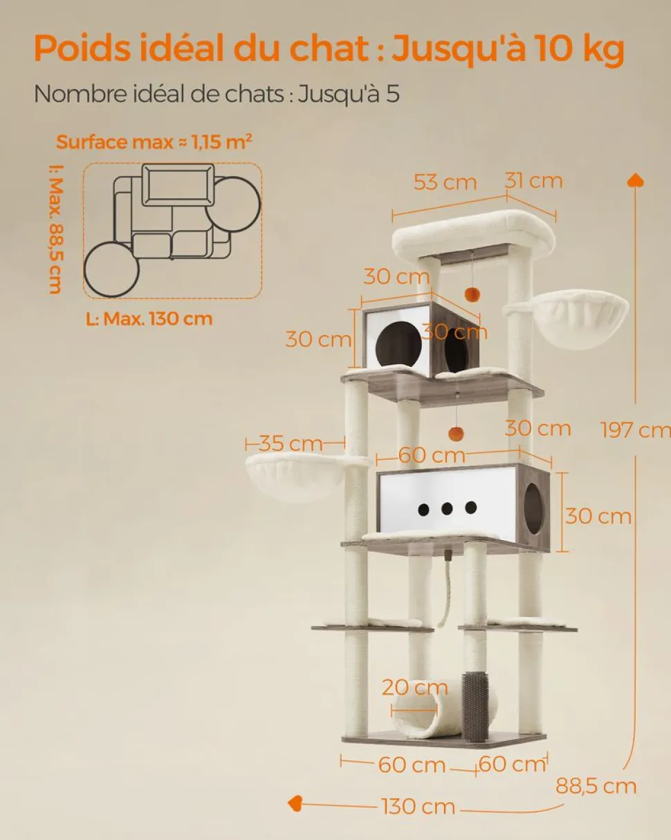 Fashion SONGMICS Arbre à chat 197 cm avec 2 niches 2 paniers 4 griffoir grège chiné