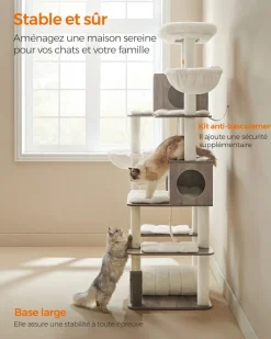 Fashion SONGMICS Arbre à chat 197 cm avec 2 niches 2 paniers 4 griffoir grège chiné