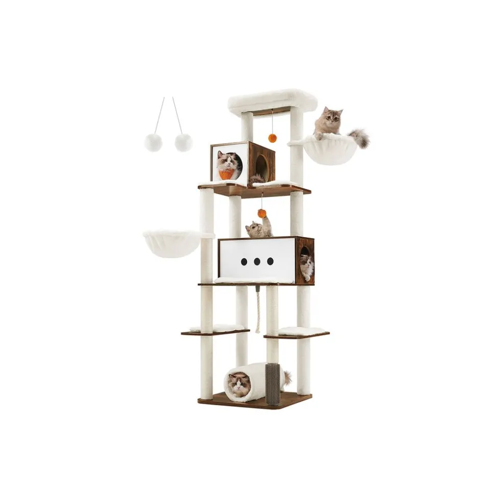 Fashion SONGMICS Arbre à chat 197 cm avec 2 niches 2 paniers 4 griffoir grège chiné