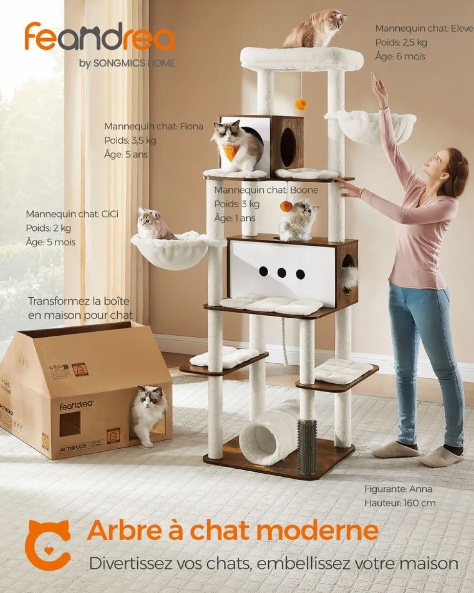 Fashion SONGMICS Arbre à chat 197 cm avec 2 niches 2 paniers 4 griffoir grège chiné