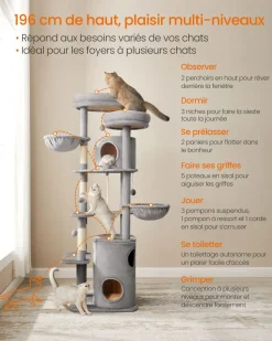 Shop SONGMICS Arbre à chat 196 cm tissu peluche gris clair