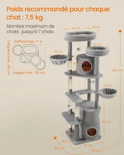 Shop SONGMICS Arbre à chat 196 cm tissu peluche gris clair