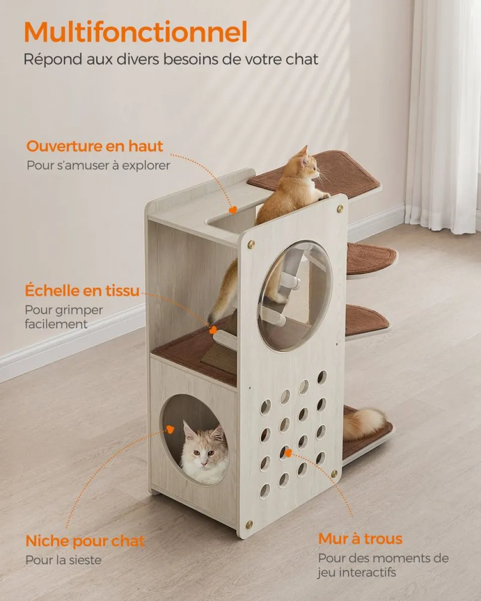 Store SONGMICS Arbre à chat avec poteau à griffer et échelle Marron Avoine + Marron Café