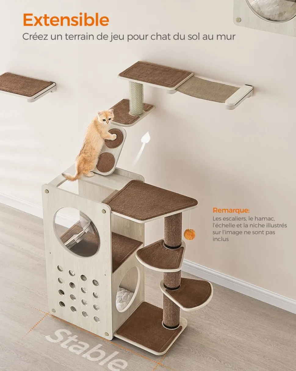 Store SONGMICS Arbre à chat avec poteau à griffer et échelle Marron Avoine + Marron Café