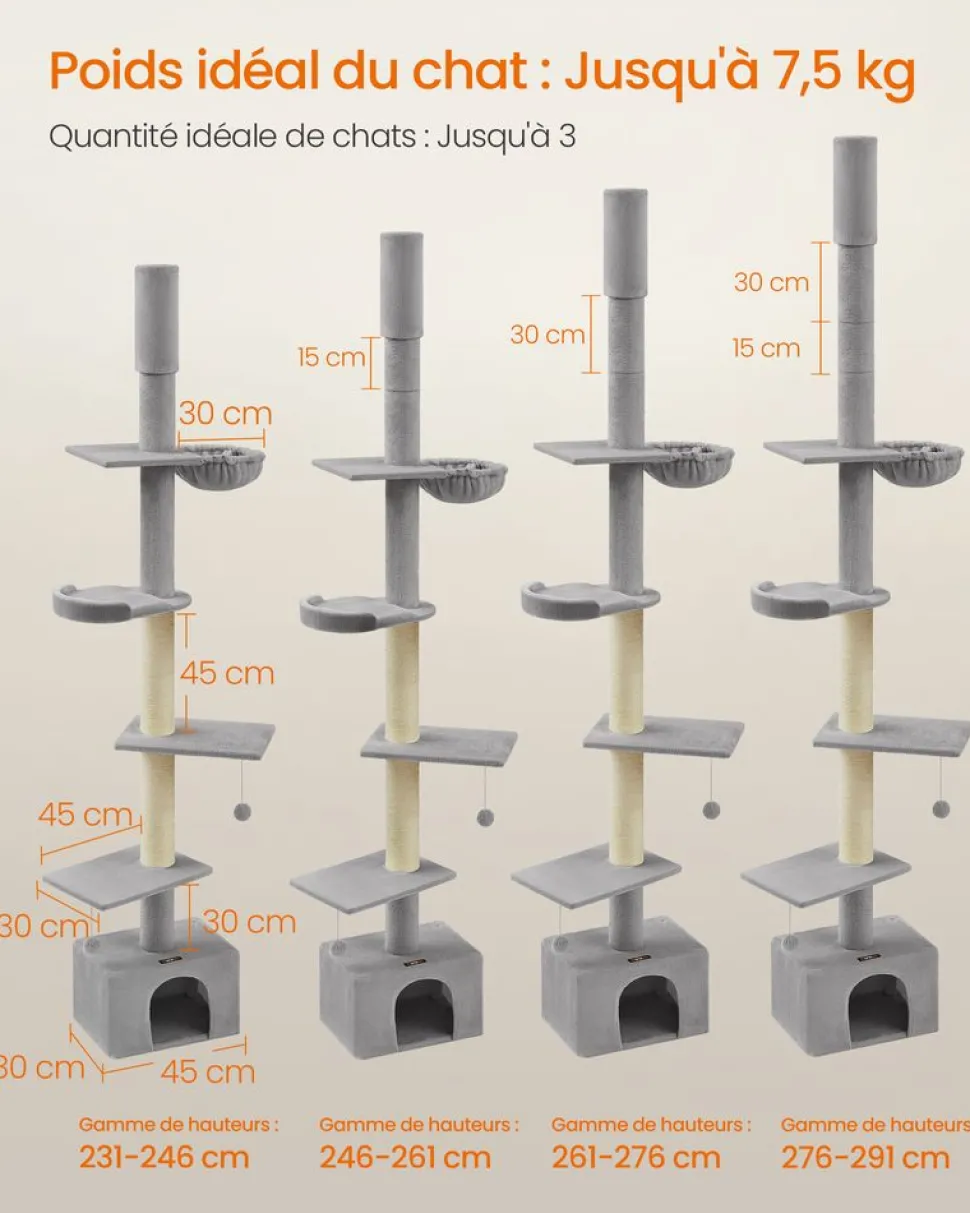 Best Sale SONGMICS Arbre à chat du sol au plafond 231-291 cm perchoir gris clair