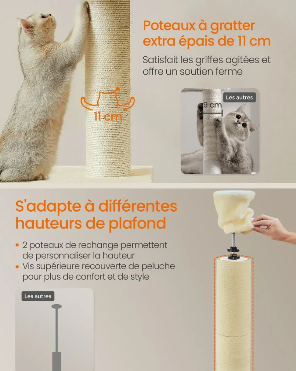 Best Sale SONGMICS Arbre à chat du sol au plafond 231-291 cm perchoir gris clair