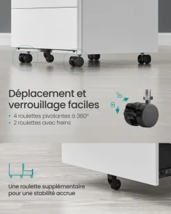 Store SONGMICS Armoire à fichiers à roulettes avec 3 tiroirs noir boisé