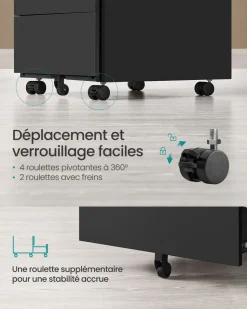 Store SONGMICS Armoire à fichiers à roulettes avec 3 tiroirs noir boisé