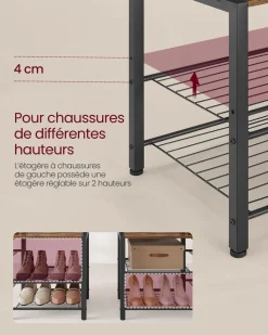 Fashion SONGMICS Banc à chaussures avec tiroir et étagère marron rustique Marron Rustique + Noir D'Encre