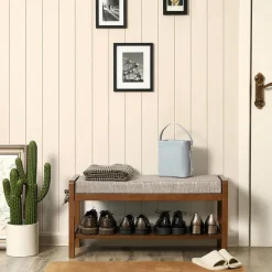 Discount SONGMICS Banc à chaussures hévéa brun Blanc