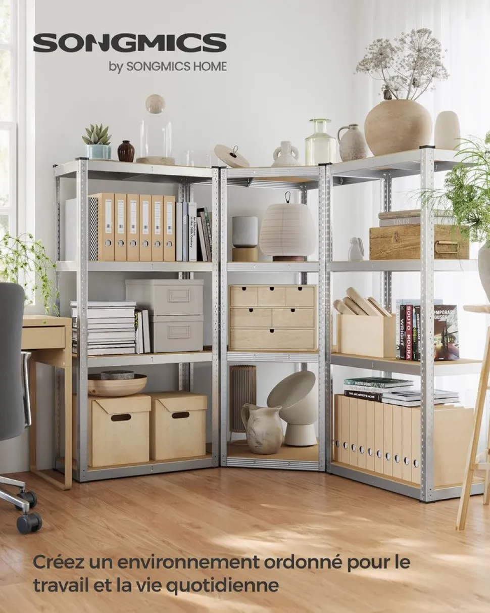 Online SONGMICS Bibliothèque à 6 niveaux porte imitation rotin beige chêne et blanc perle