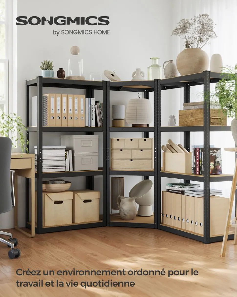 Online SONGMICS Bibliothèque à 6 niveaux porte imitation rotin beige chêne et blanc perle