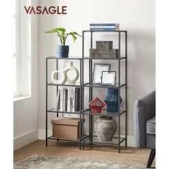 Store SONGMICS Bibliothèque à 6 niveaux porte imitation rotin noir boisé et noir mat