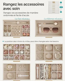 Clearance SONGMICS Boîte à bijoux à 6 niveaux blanc nuage et doré