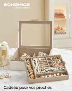 Fashion SONGMICS Boîte à bijoux 2 niveaux moderne blanc nuage