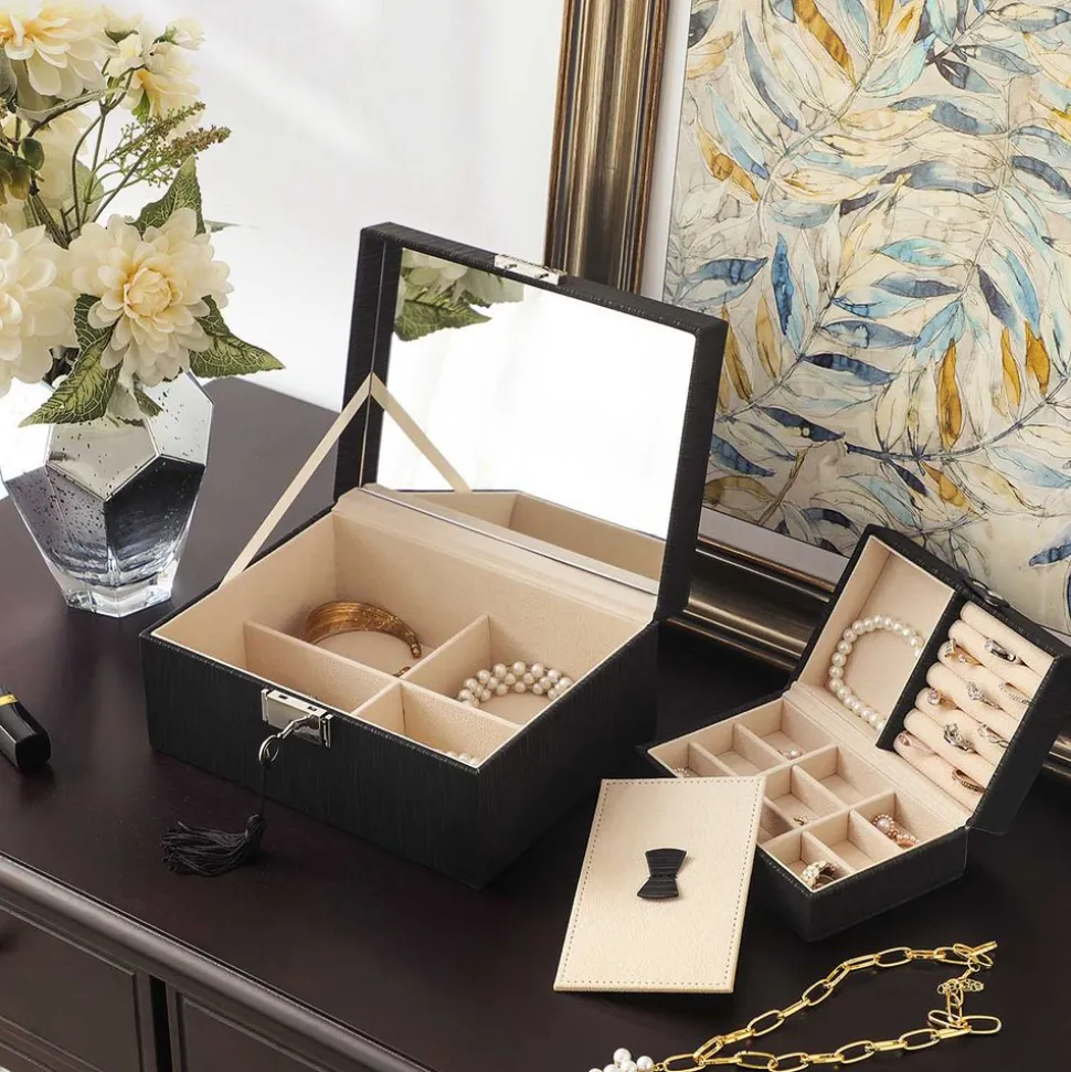 Hot SONGMICS Boîte à bijoux 2 niveaux noir nuit