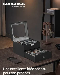 Cheap SONGMICS Boîte à montres avec 16 compartiments doublure en gris tourterelle et surface en noir d'encre