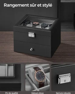 Cheap SONGMICS Boîte à montres avec 16 compartiments doublure en gris tourterelle et surface en noir d'encre
