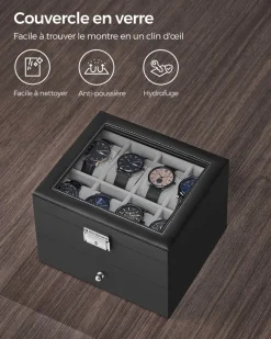 Cheap SONGMICS Boîte à montres avec 16 compartiments doublure en gris tourterelle et surface en noir d'encre