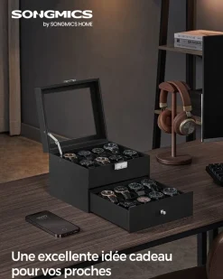 Cheap SONGMICS Boîte à montres avec 16 compartiments doublure en gris tourterelle et surface en noir d'encre
