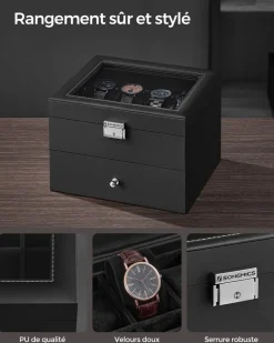 Cheap SONGMICS Boîte à montres avec 16 compartiments doublure en gris tourterelle et surface en noir d'encre