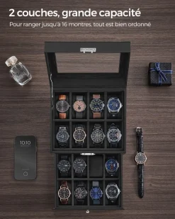 Cheap SONGMICS Boîte à montres avec 16 compartiments doublure en gris tourterelle et surface en noir d'encre