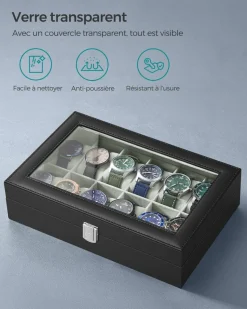 Sale SONGMICS Boîte montres 12 cases noir