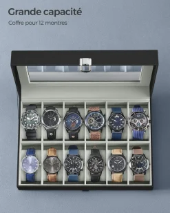Sale SONGMICS Boîte montres 12 cases noir