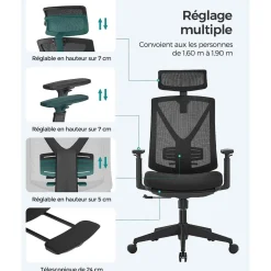 Shop SONGMICS Chaise de bureau ergonomique réglable en toile noir d'encre
