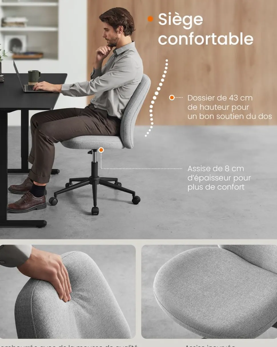 Best Sale SONGMICS Chaise de bureau tissu coton-lin gris tourterelle