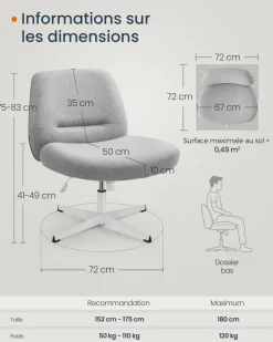 New SONGMICS Chaise de bureau tissu coton-lin blanc crème