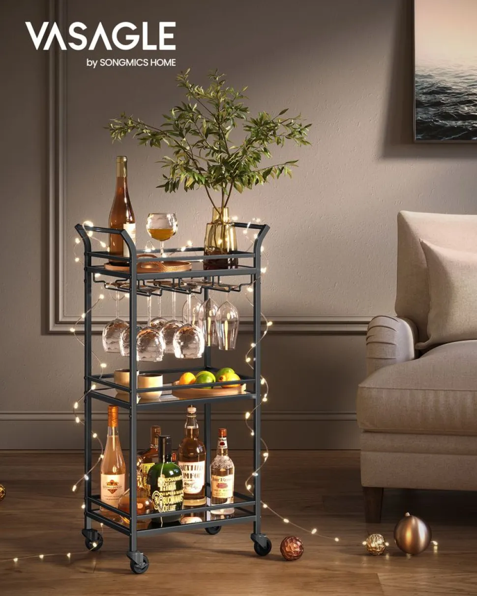 Discount SONGMICS Chariot de rangement 3 niveaux avec roulette frein marron rustique et noir d'encre