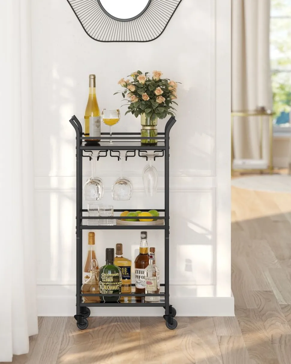 Discount SONGMICS Chariot de rangement 3 niveaux avec roulette frein marron rustique et noir d'encre