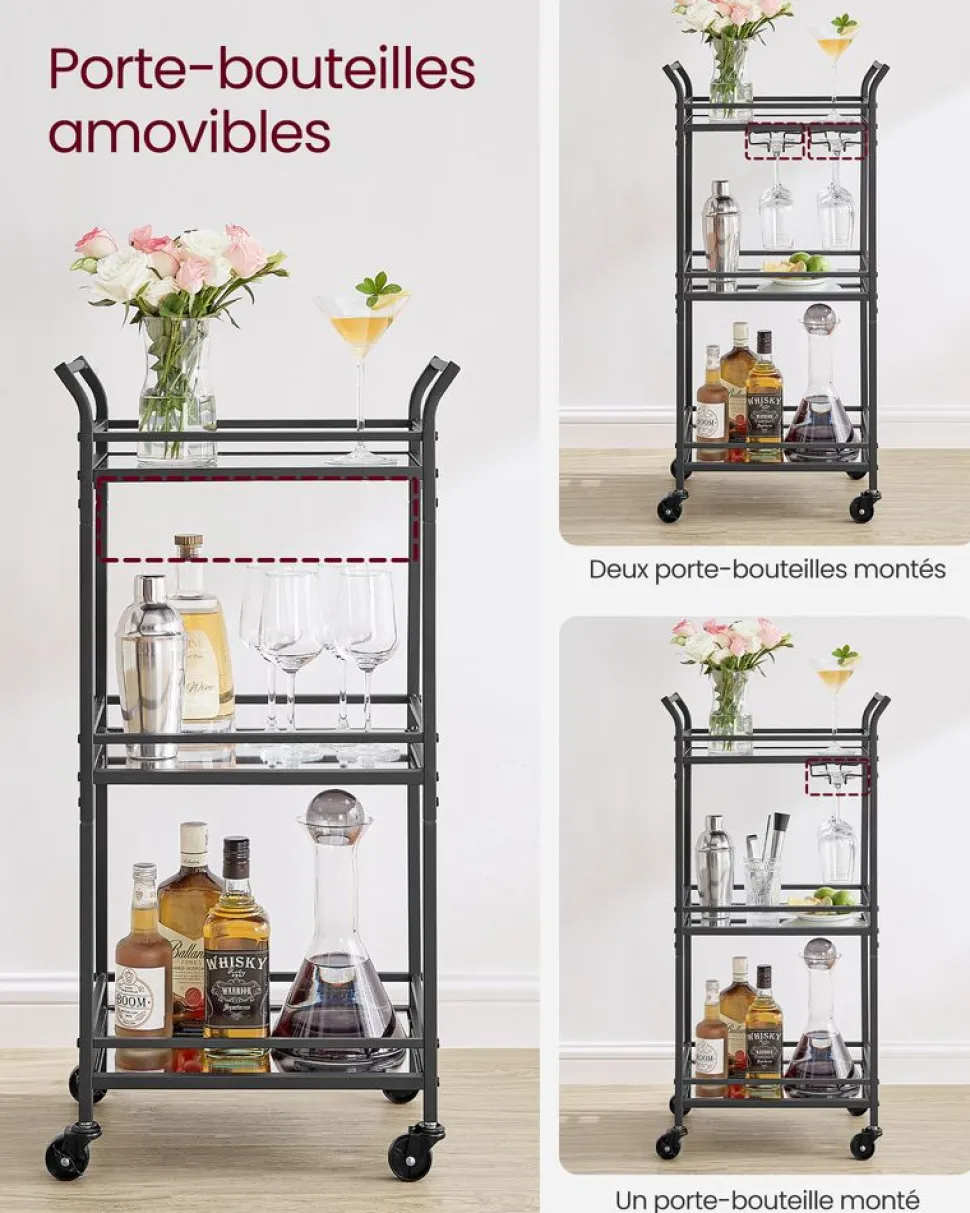 Discount SONGMICS Chariot de rangement 3 niveaux avec roulette frein marron rustique et noir d'encre