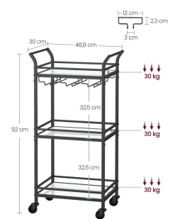 Discount SONGMICS Chariot de rangement 3 niveaux avec roulette frein marron rustique et noir d'encre