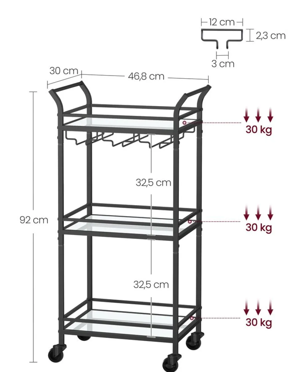 Discount SONGMICS Chariot de rangement 3 niveaux avec roulette frein marron rustique et noir d'encre