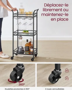 Discount SONGMICS Chariot de rangement 3 niveaux avec roulette frein marron rustique et noir d'encre