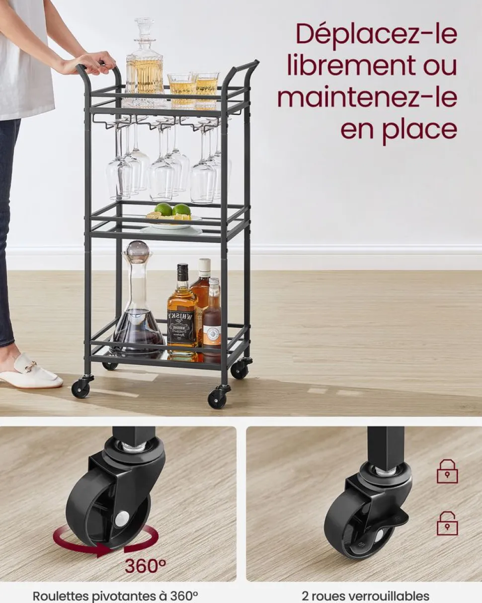 Discount SONGMICS Chariot de rangement 3 niveaux avec roulette frein marron rustique et noir d'encre