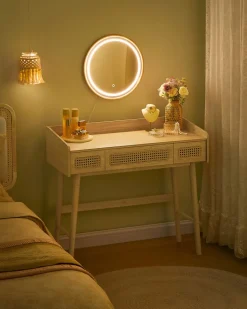 Best SONGMICS Coiffeuse avec Miroir Pivotant et Taboutret Blanc Mat + Doré Clair