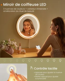Best SONGMICS Coiffeuse avec Miroir Pivotant et Taboutret Blanc Mat + Doré Clair