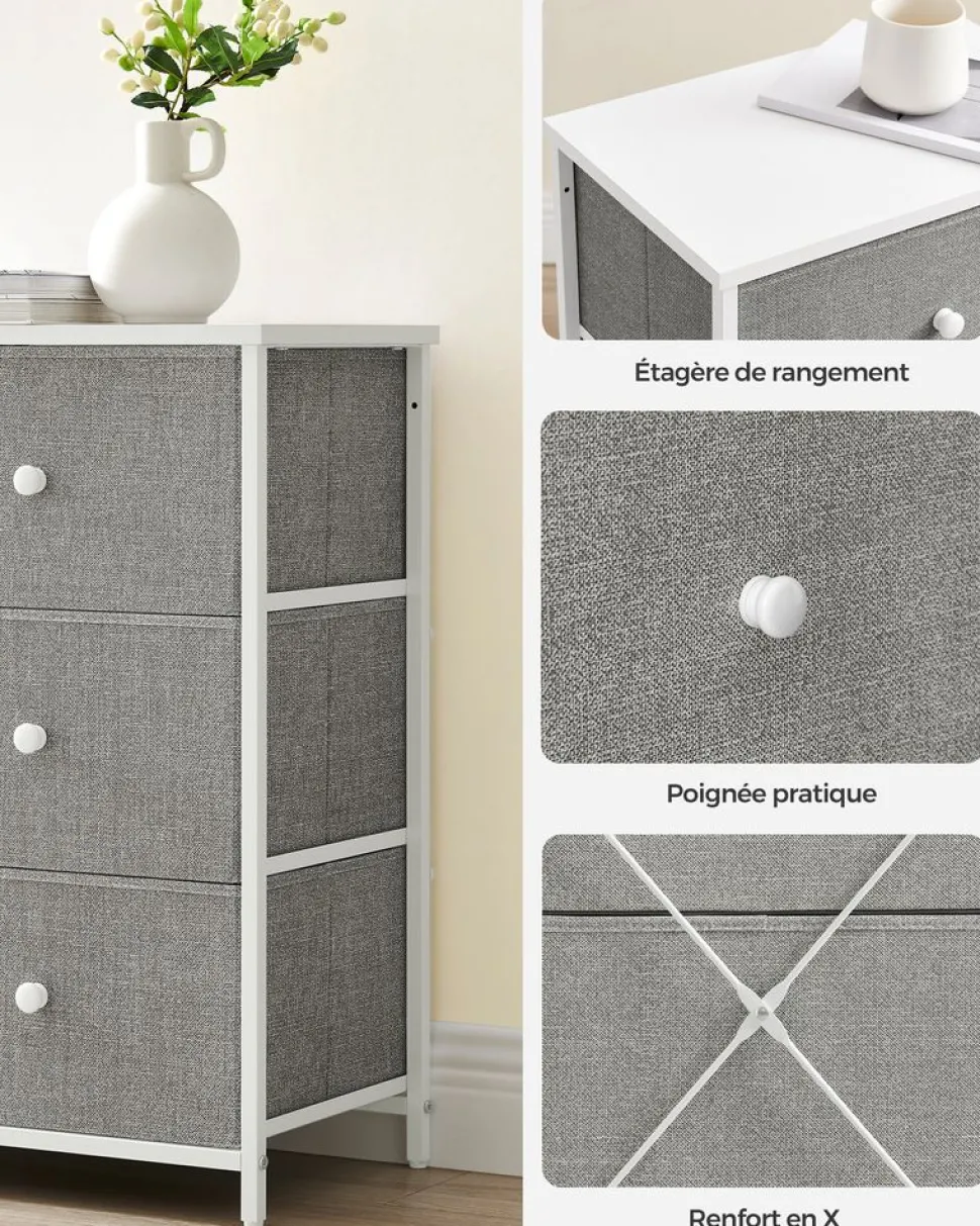 Best Sale SONGMICS Commode avec tiroirs en tissu gris clair et blanc