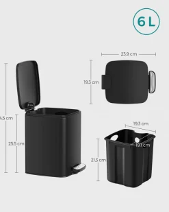 Fashion SONGMICS Corbeille à déchets 6L à pédale noir