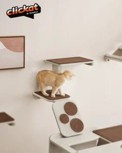 Store SONGMICS Eacalier pour chat mural avec étagère et auto-toiletteur Marron Avoine + Marron Café